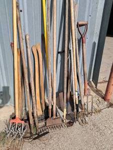 lot 29 image: Miscellaneous lot of GardenYard tools, axes, Wheelbarrow