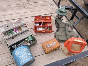 lot 72 image: Sportsman Lot (Tackle Boxes, Lantern, Bait Buckets, Life Jacket)