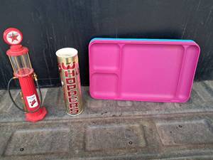 lot 85 image: Texaco Gas Pump, Whopper Piggy Bank & Set of 4 Tupperware Plates