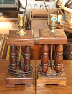 lot 0009 image: Pair of 70s Wood Decor Table Lamps