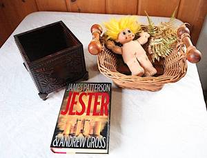 lot 0038 image: Misc Home Decor, Book, and Troll Doll in Basket