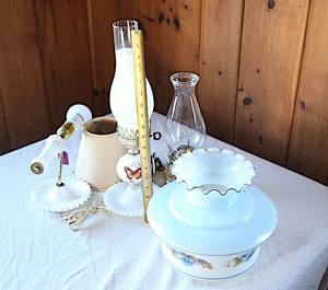 lot 0049 image: Milk Glass Hurricane Lamps and Light Fixtures