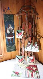 lot 0063 image: Christmas - Old Wooden Sled and Home Decor Lot with Holiday Hangings