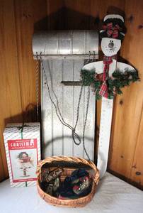lot 0064 image: Christmas - Old Tin Sled and Home Decor Lot with Basket Bonus