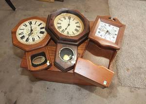 lot 0095 image: Clock Bundle - 3 Wall Hanging Pendulum Clocks - Antique Storage Chest Included