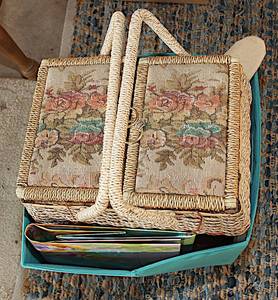lot 0137 image: Nice Embroidered Sewing box with Misc Items