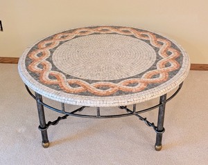 lot 12 image: LL - Round Mosaic Tile Coffee Table with Wrought Iron Base