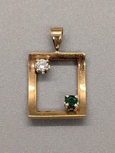 lot 53C image: 14k Yellow Gold Rectangle Pendant with Diamond and Emerald Stones