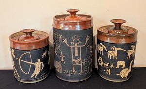 lot 160 image: K - Dick Masterson Pottery Canister Set with Petroglyph Designs - Santa Fe