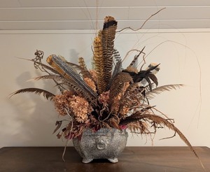 lot 164 image: LR - Large Faux Floral Arrangement in Heavy Stone Pot with Feathers and Dried Botanicals