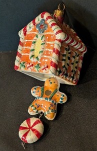 lot 275 image: DR - Christopher Radko Gingerbread House Ornament with Gingerbread Man and Peppermint