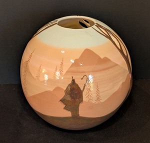 lot 286 image: LR - Signed 1990 Blue Southwest Pottery Bowl with Mountain Scene, 8 Inch