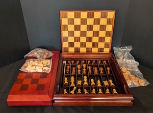 lot 287 image: LR - Bombay Company Wooden Chess and Checkers Sets with Storage Boards