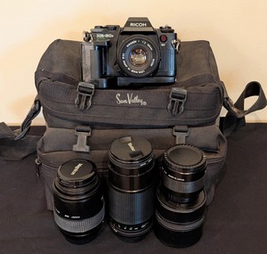 lot 288 image: LR - Ricoh KR-30SP Film Camera with Rikenon 50mm Lens and Assorted Zoom Lenses