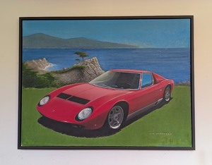 lot 289 image: G - Large Framed Painting by W. F. Andersen Red Sports Car Coastal Scene