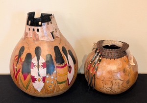 lot 293 image: LR - Set of 2 Handcrafted Southwest Gourd Art Vessels with Beads and Antler Accent