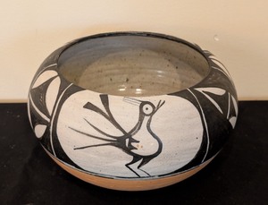 lot 296 image: LR - Signed Native American Style Pottery Bowl with Bird Motif