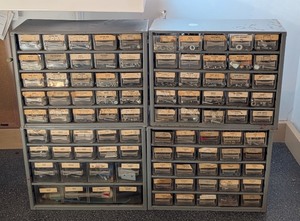 lot 305 image: G - Metal Organizer Cabinets with Assorted Nuts, Bolts, and Hardware