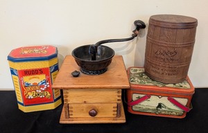 lot 312 image: K - Vintage Collection Coffee Grinder, Tobacco Tin, Candy Tins, and Decorative Tin Box