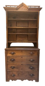 lot 6R image: K - Antique Wood Cabinet with Hutch and Carved Drawer Pulls