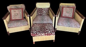 lot 15R image: K - Set of 3 Woven Rattan Armchairs with Animal Print Cushions and Ottoman