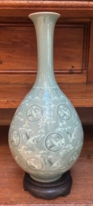 lot 32R image: K - Asian Celadon Vase with Bird Motif and Wooden Stand