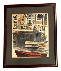 lot 103R image: DR - Original Nantucket Watercolor Artwork with Boats and Dock Scene