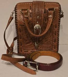 lot 241K image: K - Tooled Leather Handbag with Shoulder Strap and Calfskin Belt