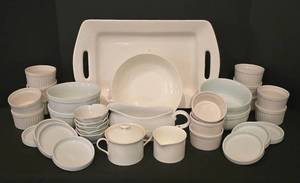 lot 243K image: K - Williams-Sonoma Essential White Serveware Set with Tray, Bowl, and Soup Bowls