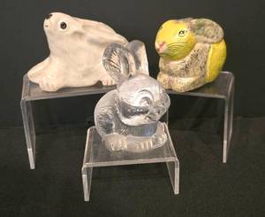 lot 244K image: K - Set of 3 Decorative Rabbit Figurines - Glass, Ceramic, and Paper Mache