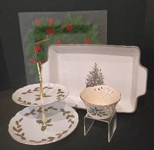 lot 245K image: K - Holiday Serving Set - Christopher Radko Casserole, Lefton 2-Tier Stand, Lenox Dish, 14-Inch Glass Holly Tray