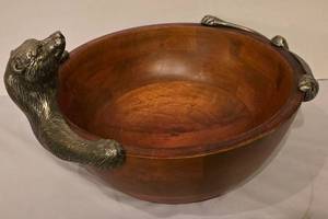 lot 254K image: SR - Pottery Barn Bear Serving Bowl with Metal Accents