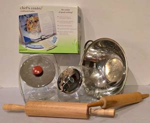 lot 264K image: K - Kitchenware Set Chefs Center Cookbook Holder, 2 Rolling Pins, 2 Glass Canisters, 13 in Colander