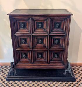 lot 9C image: LR - Ornate Wooden Chest with Monkey Motif and Metal Monkey Feet