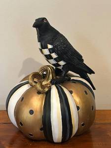 lot 25CC image: SR - MacKenzie-Childs Crow on Gold Halloween Pumpkin Figurine 13 inch
