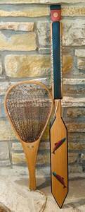 lot 42C image: SR - Fishing Net and Handcrafted Paddle Set with Salmon Artwork, Tallest 46 Inches