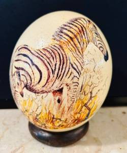 lot 44C image: SR - 7-Inch Ostrich Egg with Hand-Painted Zebras on Stand