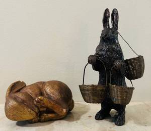 lot 46C image: SR - Set of 2 Decorative Rabbit Figurines Including Sleeping Bunny and Standing Rabbit with Baskets