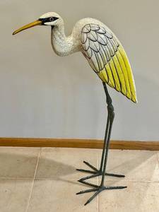 lot 50C image: ENT - 33-Inch Metal Egret Garden Sculpture with Yellow and White Painted Finish