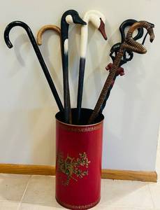 lot 51C image: ENT - Collection of 6 Decorative Walking Canes with Red Ornamental Cane Holder