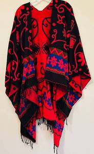 lot 54C image: C - Red and Black Patterned Shawl with Fringes and Floral Accents