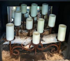 lot 63C image: LR - 14-Candle Iron Scroll Fireplace Candelabra 15 x 21 Inches