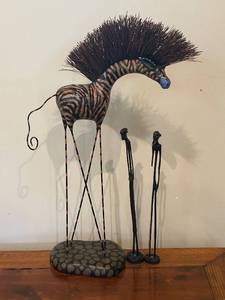 lot 65C image: SR - African-Inspired Sculptures Zebra Figurine and Pair of Tall Wood Carvings, 21 inches