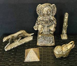 lot 67C image: SR - Collection of 5 Metal Art Figurines Including Deity, Cheetah, Elephant, Totem and Pyramid
