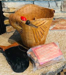lot 78C image: LR - 13 Inch Woven Swan Basket with Fireplace Glove and Kindling Wood