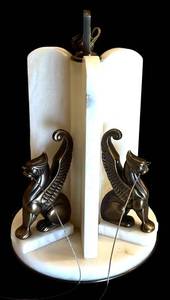 lot 54H image: LL - Art Deco Hanging Light Fixture with Bronze Sphinx Figures and Alabaster Panels, 18.5 Inch