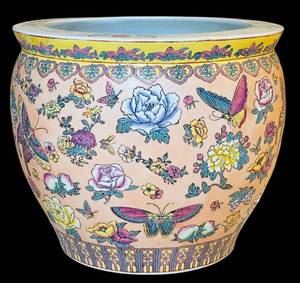 lot 62H image: LL - Vintage Chinese Porcelain Fish Bowl Planter with Floral and Butterfly Motif