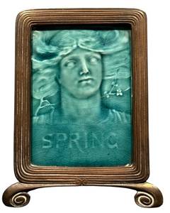 lot 94H image: MBR - Art Nouveau Style Ceramic Tile Plaque in Brass Stand - Spring Motif 8x6 Inches
