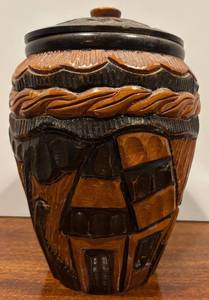 lot 138H image: MBR - Hand-Carved Wooden Lidded Jar with Lid, 11 Inch Vintage Decor