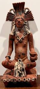 lot 140H image: MBR - Vintage Handcrafted Terracotta Seated Figurine with Headdress, 10 Inch